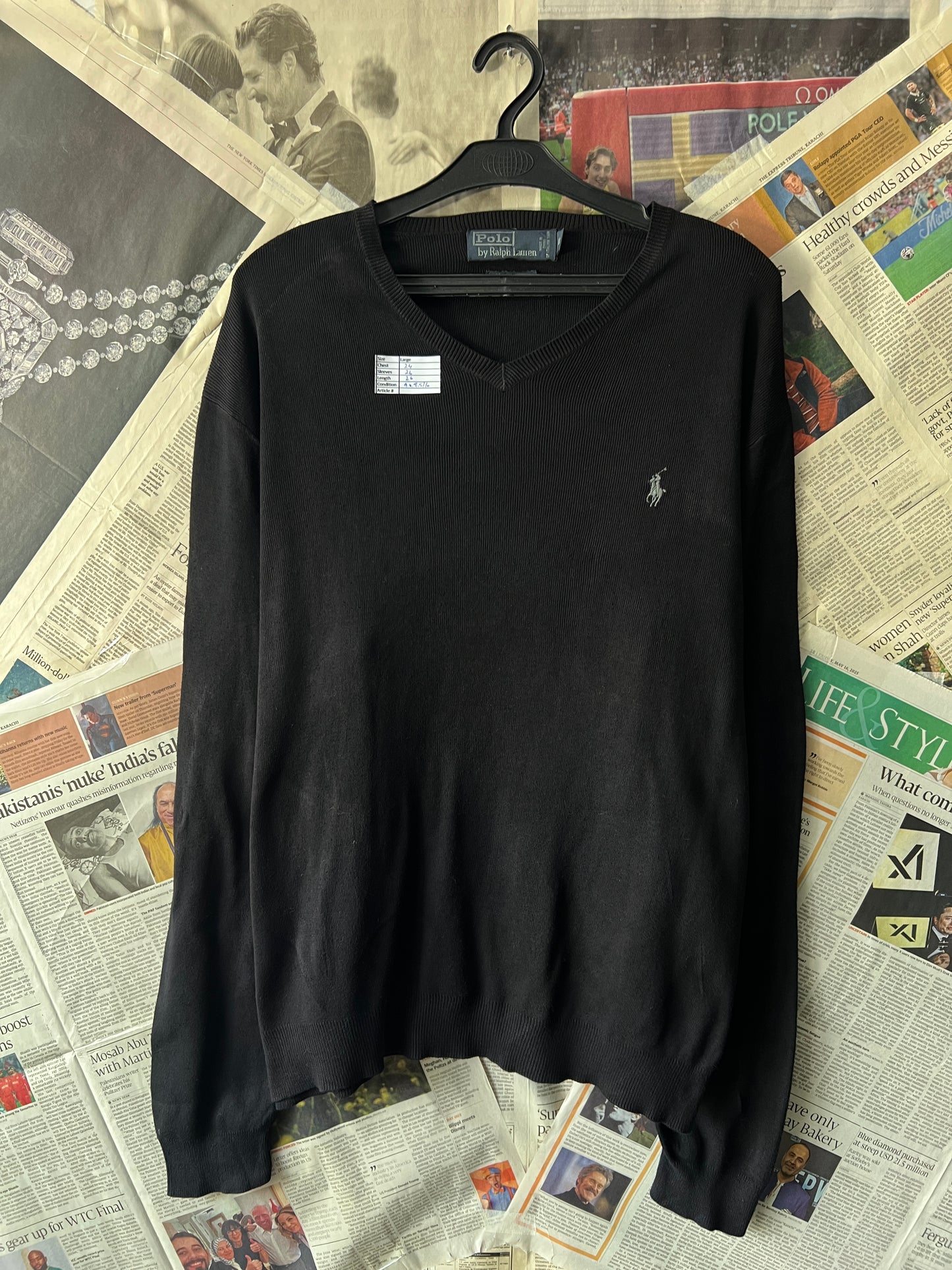 Ralph Lauren® Black | Chest 24 | Large | V-Neck Sweater | Cotton