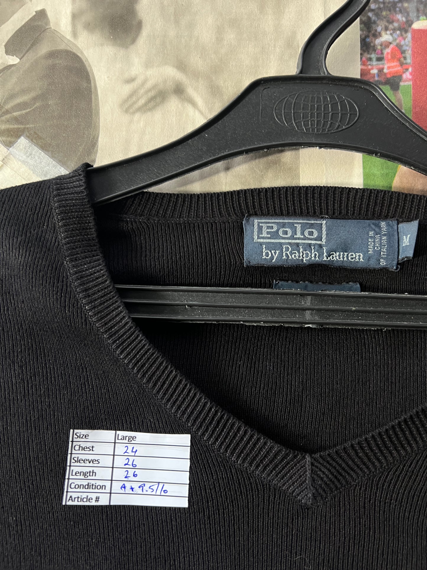 Ralph Lauren® Black | Chest 24 | Large | V-Neck Sweater | Cotton