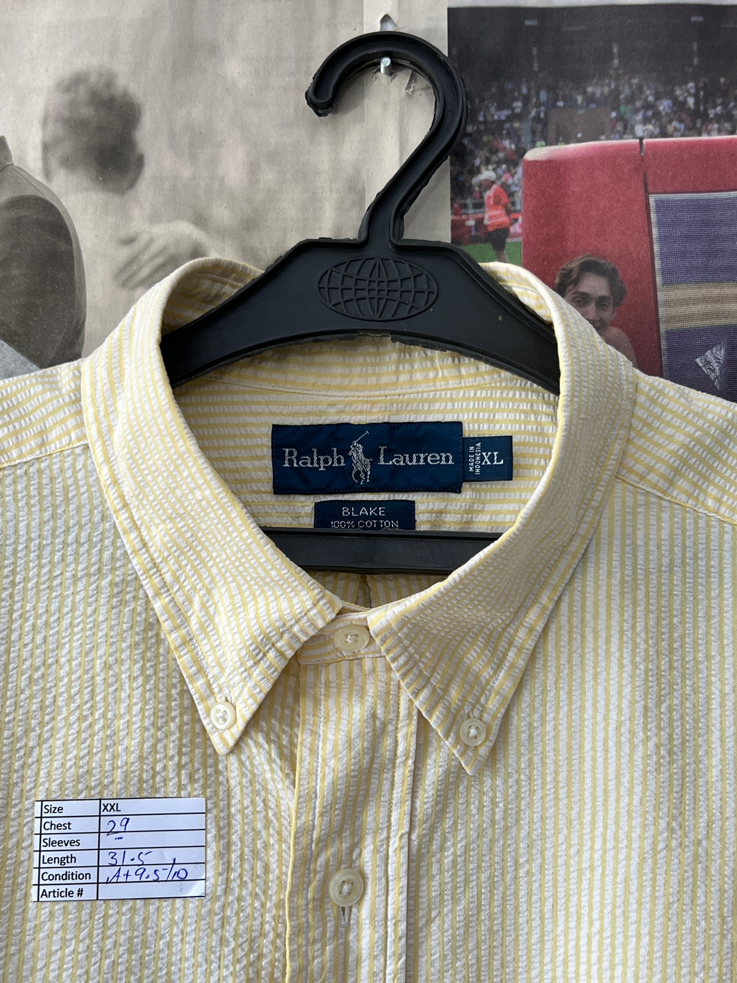 Ralph Lauren® XXXL | Chest 29 | Yellow Striped Seersucker | Shirt | Cotton