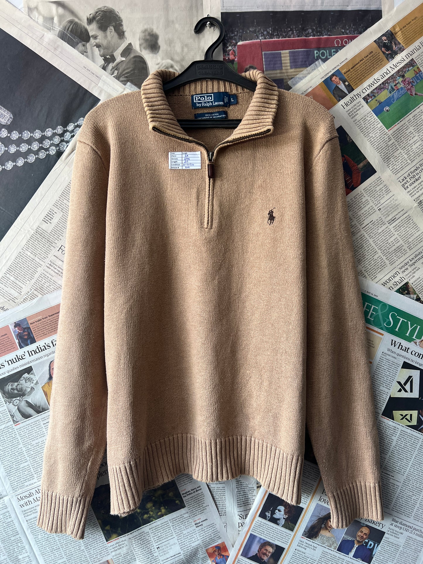 Ralph Lauren® Camel | Chest 23 | Large | Quarter Zipper Sweater | Cotton