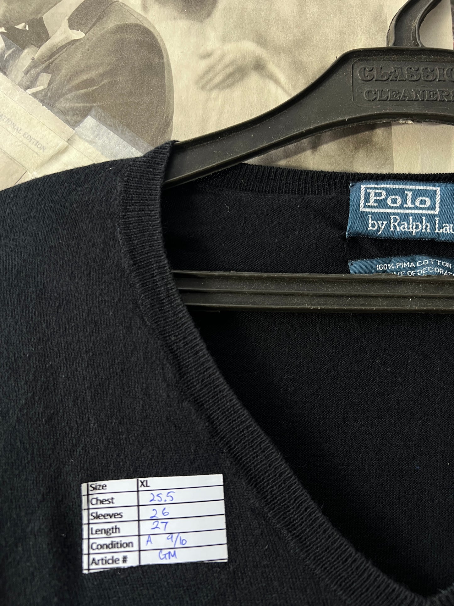 Ralph Lauren® Black | Chest 25.5 | XL | V-Neck Sweater | Pima Cotton