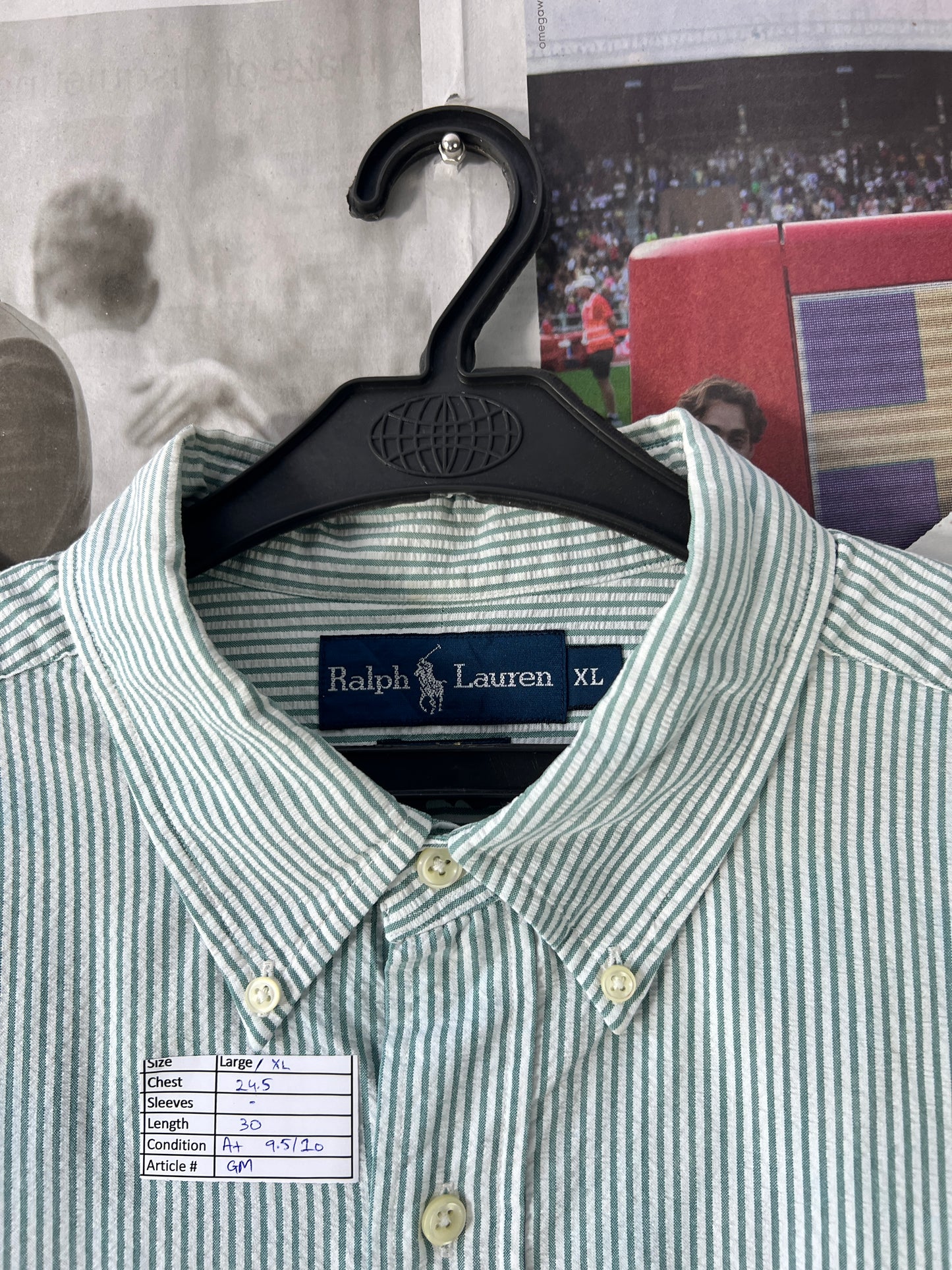 Ralph Lauren® Green & White Stripes Seersucker | Chest: 24.5 | L/XL | Shirt | Cotton