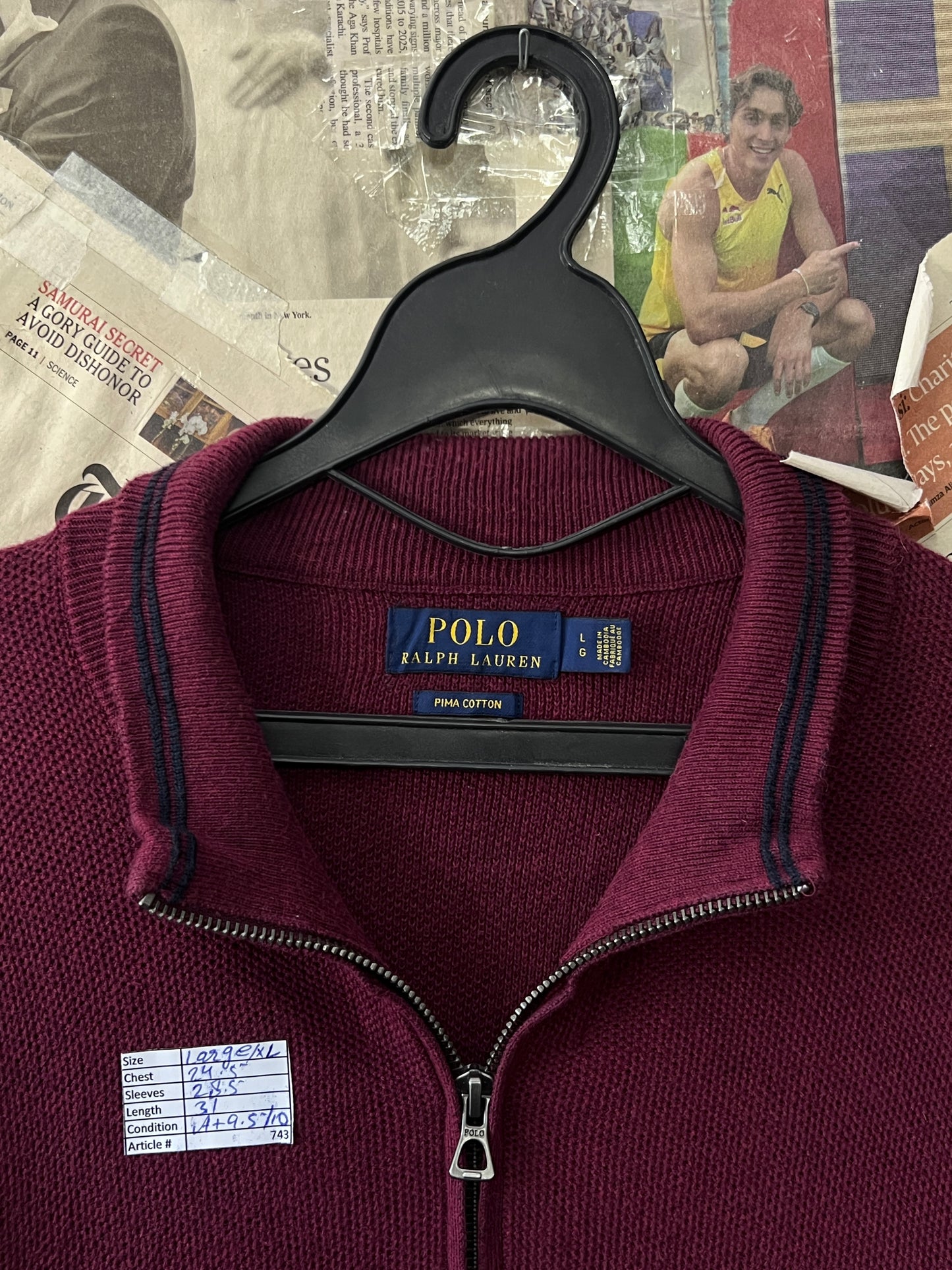 Ralph Lauren® XL/L | Chest 24.5 | Red Wine | Quarter Zip Sweater | Pima Cotton | 743