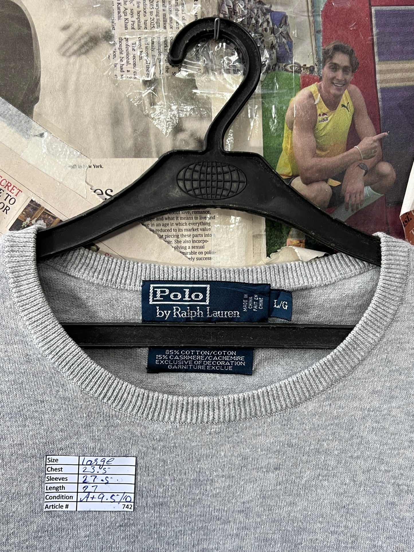 Ralph Lauren® Large | Chest 23.5 | Grey | Lightweight Crewneck Pullover | Cotton- Cashmere | 742