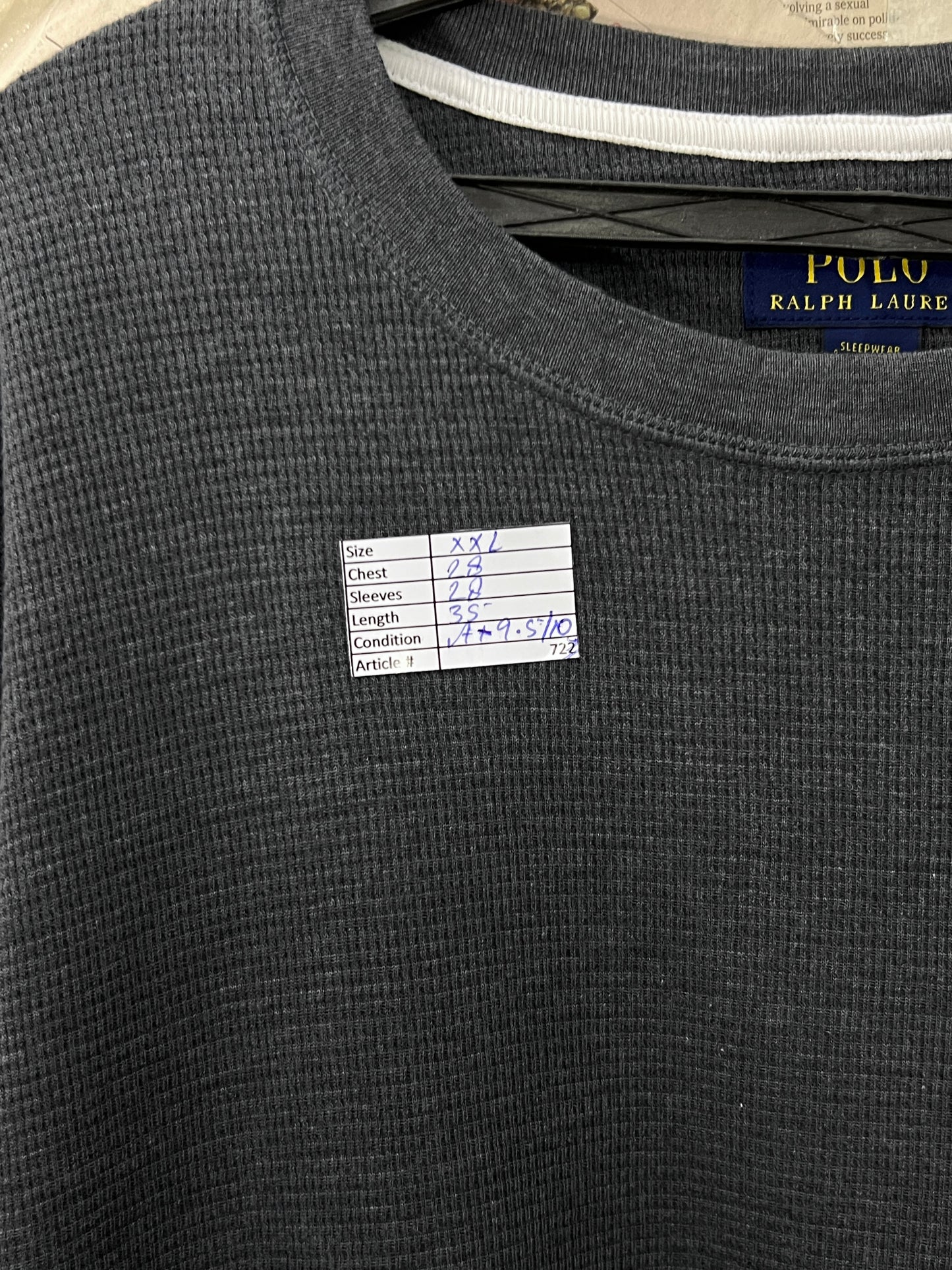 Ralph Lauren® XXXL | Chest 28 | Charcoal | Waffle Knit Thermal Top | Cotton-Poly | 722