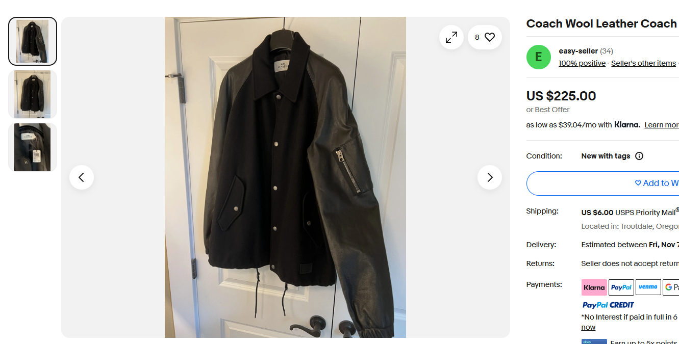 COACH® Medium | Chest 22 | Black | Varsity Jacket | Body 100% Wool & Sleeves 100% Goat Leather | 2128