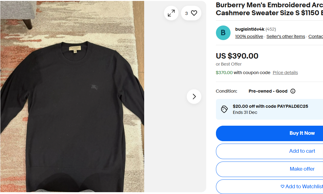 Burberry® Small | Chest: 20.5" | Black | 100% Cashmere | 2191 | 🚨Advance payment required 🚨