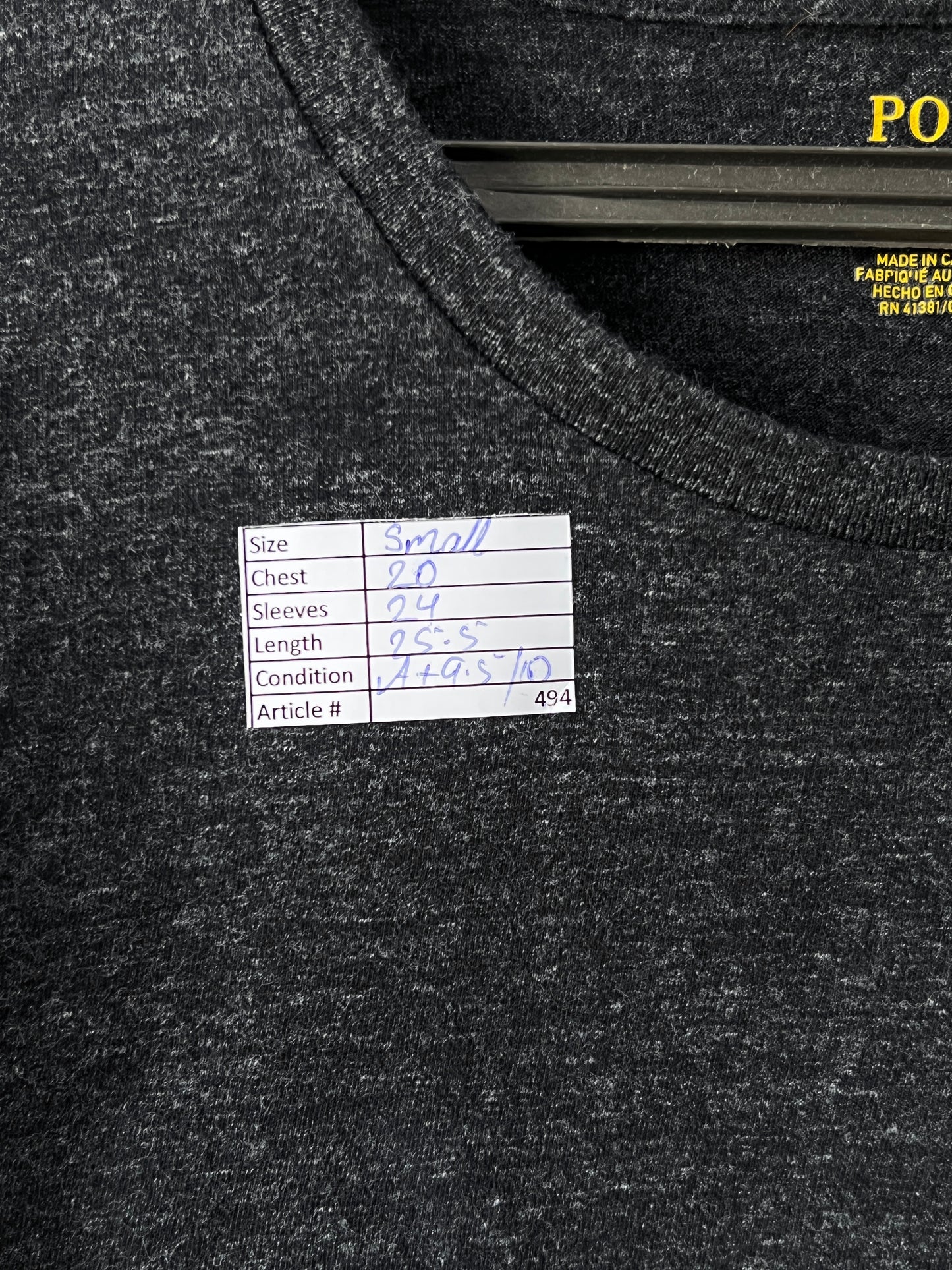 Ralph Lauren® Small | Chest 20" | Charcoal | Light Sweat Shirt | Cotton | 494