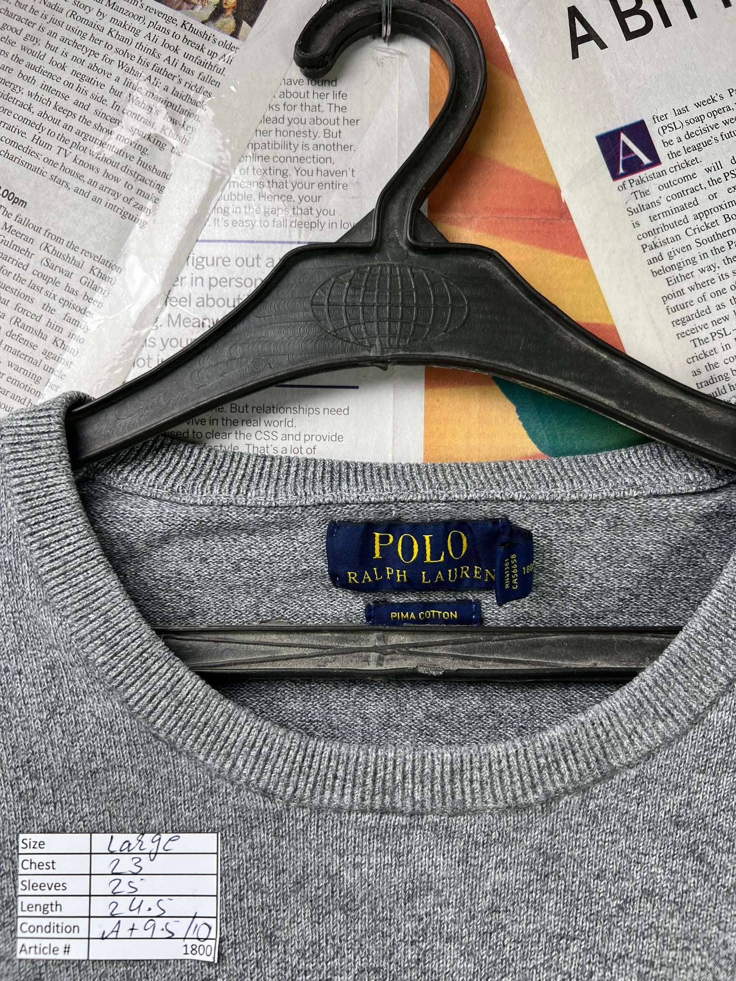 Ralph Lauren® Large | Chest 23 | Grey | Sweat Shirt | Cotton | 1800