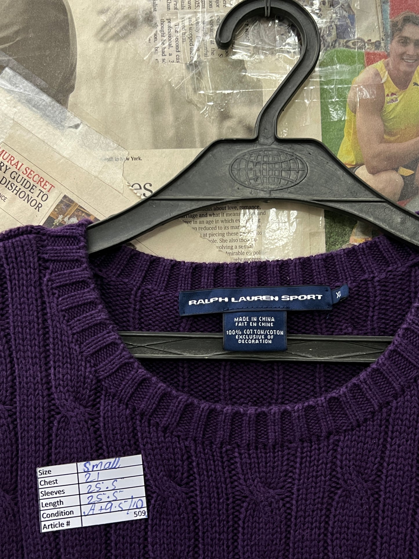 Women-Ralph Lauren® Small | Bust 21" | Wine | Cable Knit Sweater | Cotton | 509