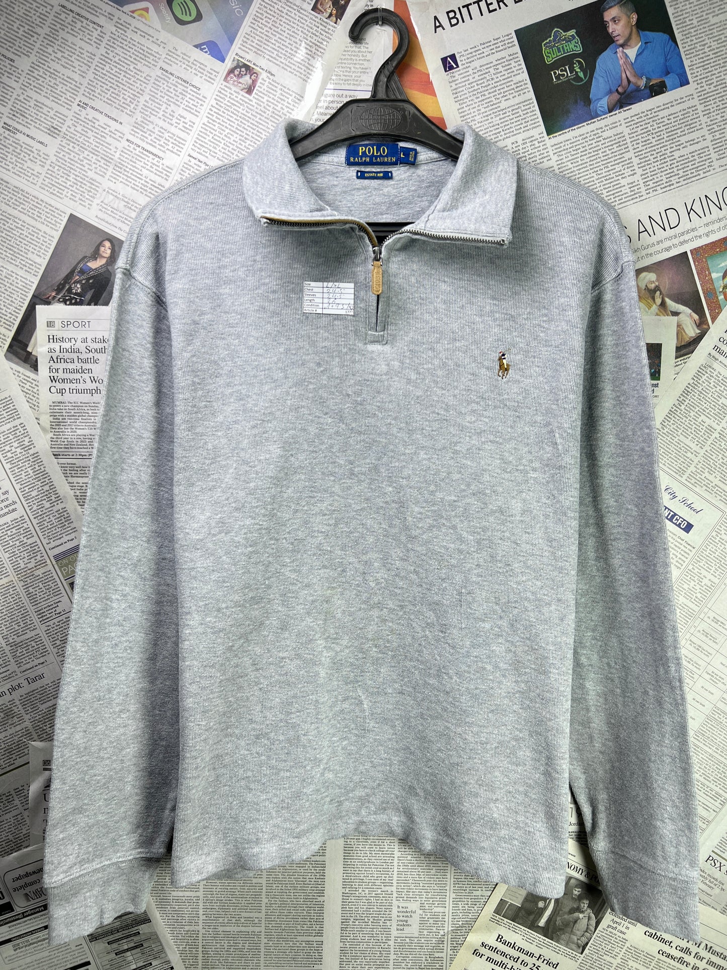 Ralph Lauren® XL/L | Chest 24.5 | Grey | Quarter Zip Sweater | Cotton | 1777