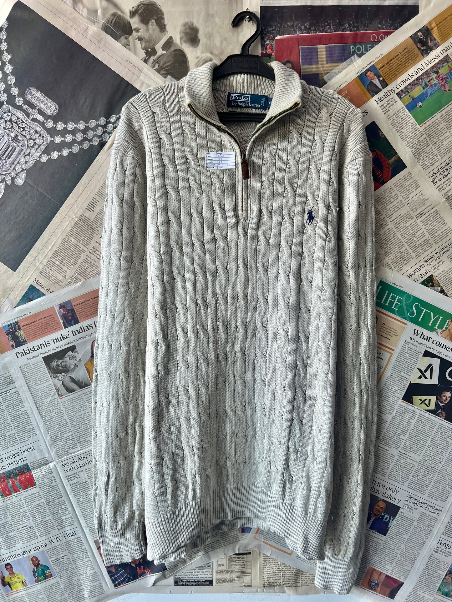 Ralph Lauren® Silver | Chest 23.5 | Large | Quarter Zipper Sweater | 100% Silk