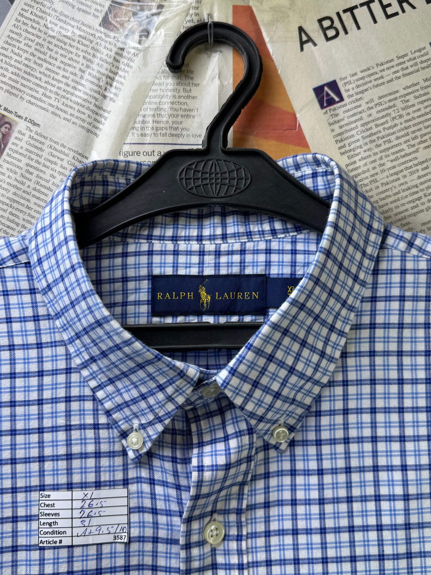 Ralph Lauren® XL | Chest 26.5" | Blue & White Check | Shirt | Cotton | 3587