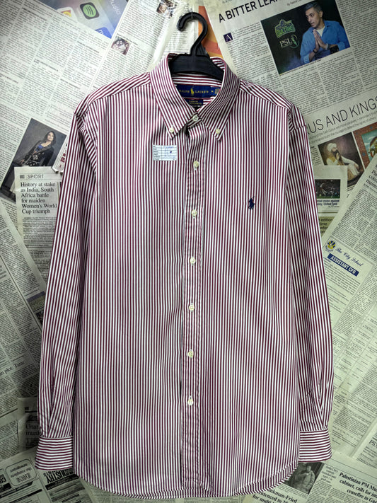 Ralph Lauren® Medium | Chest 22.5" | White & Maroon Stripes | Shirt | Cotton | 3573