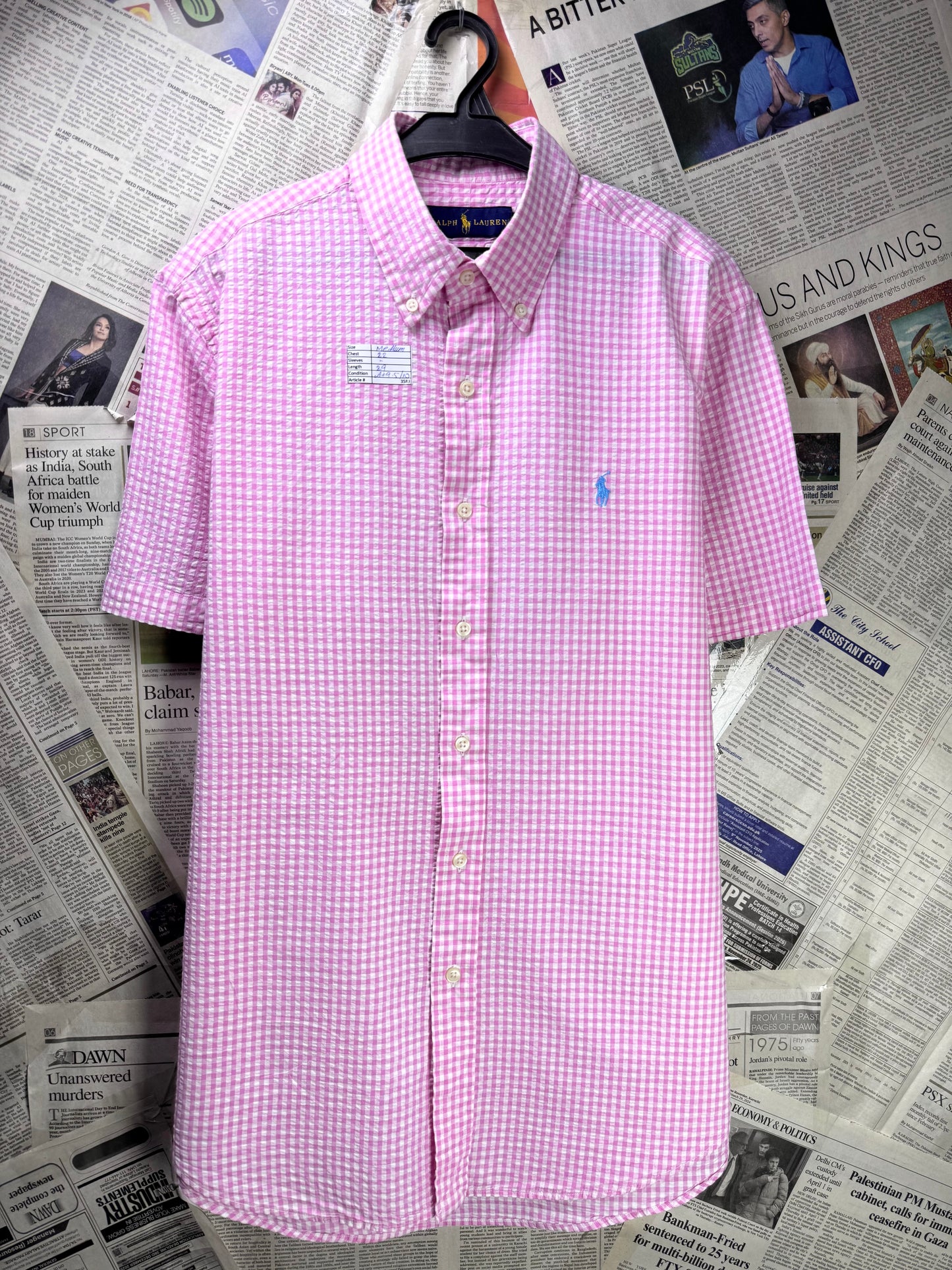 Ralph Lauren® Medium | Chest 22" | Seersucker Fabric |Pink & White Check | Shirt | Cotton | 3583