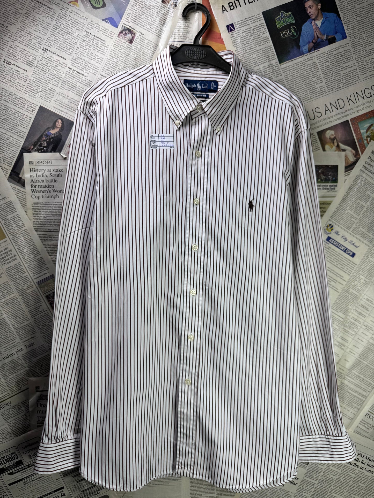 Ralph Lauren® XL | Chest 26" | White with Dark Brown Stripes | Shirt | Cotton | 3369