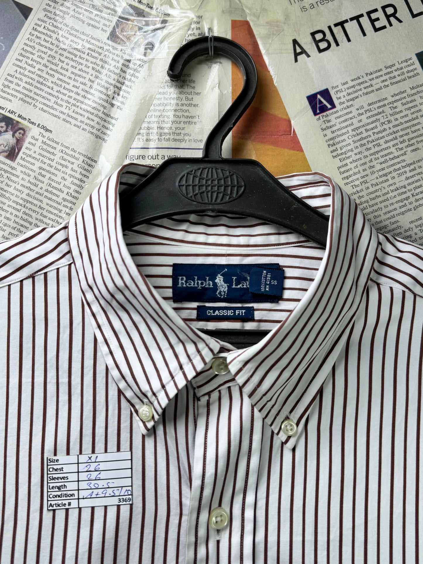 Ralph Lauren® XL | Chest 26" | White with Dark Brown Stripes | Shirt | Cotton | 3369