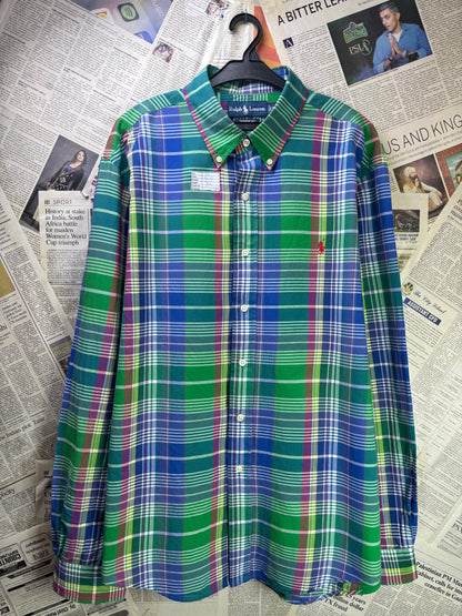 Ralph Lauren® XL | Chest 26.5" | Green & Blue Plaid Check | Shirt | Cotton | 3209