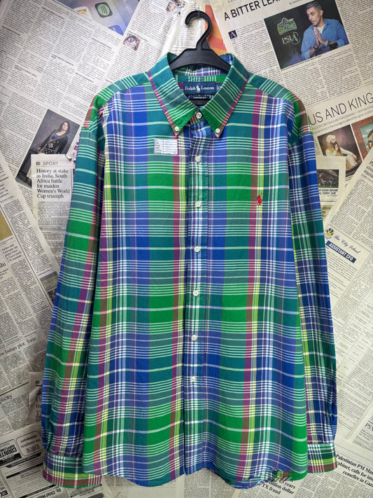 Ralph Lauren® XL | Chest 26.5" | Green & Blue Plaid Check | Shirt | Cotton | 3209