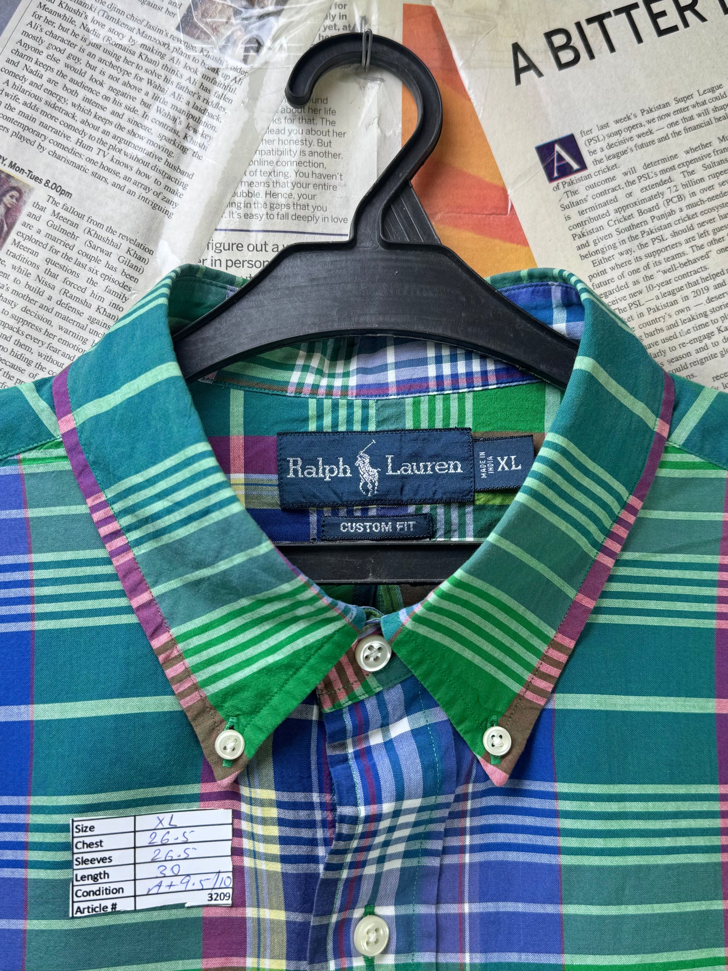 Ralph Lauren® XL | Chest 26.5" | Green & Blue Plaid Check | Shirt | Cotton | 3209