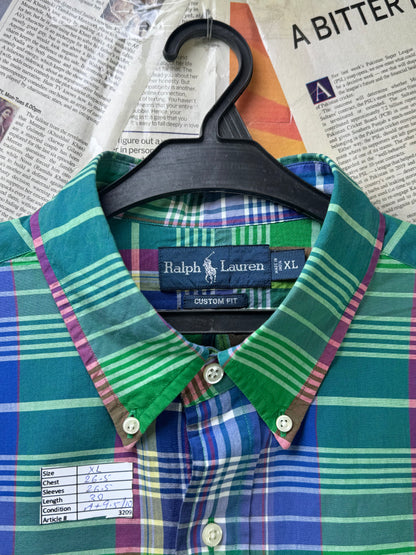 Ralph Lauren® XL | Chest 26.5" | Green & Blue Plaid Check | Shirt | Cotton | 3209