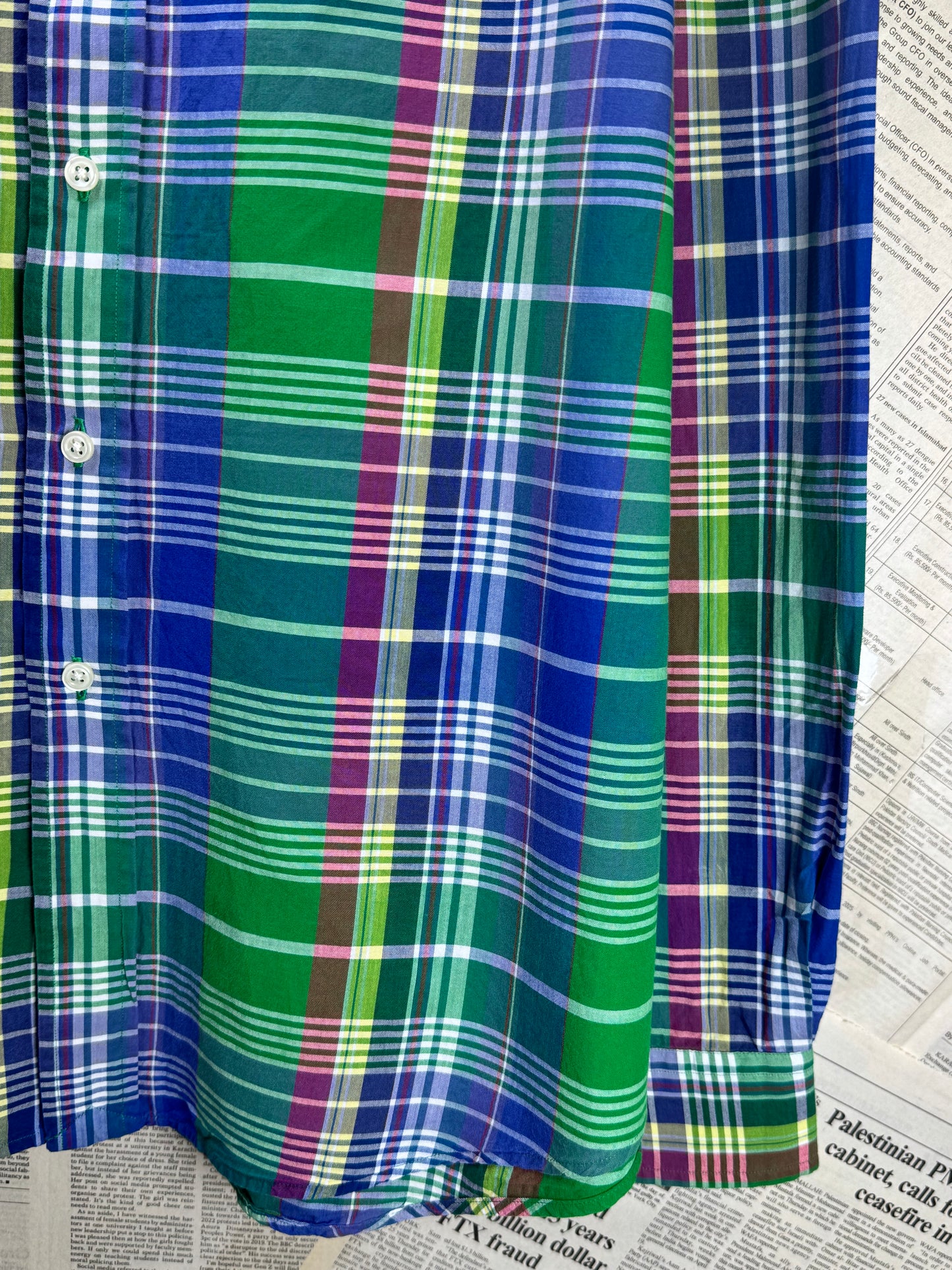 Ralph Lauren® XL | Chest 26.5" | Green & Blue Plaid Check | Shirt | Cotton | 3209