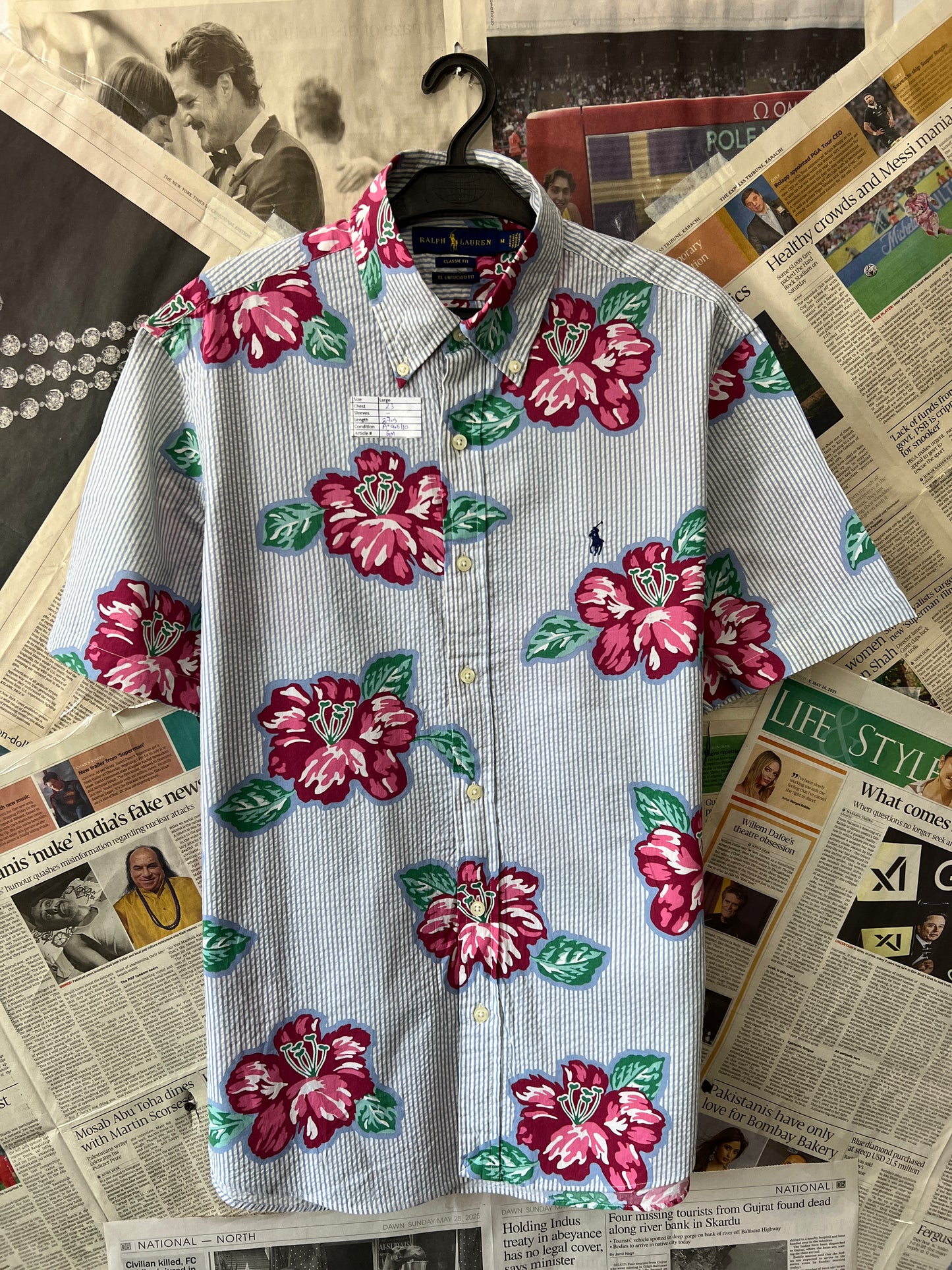 Ralph Lauren® Large | Chest 23 | Hibiscus Floral Stripe Seersucker | Shirt | Cotton
