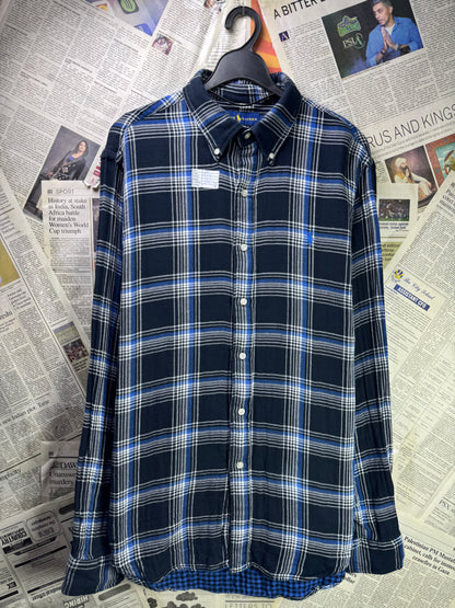 Ralph Lauren® Large | Chest 24.5 | Midnight Blue Plaid Check in Flannel Fabric | Shirt | Cotton | 3228