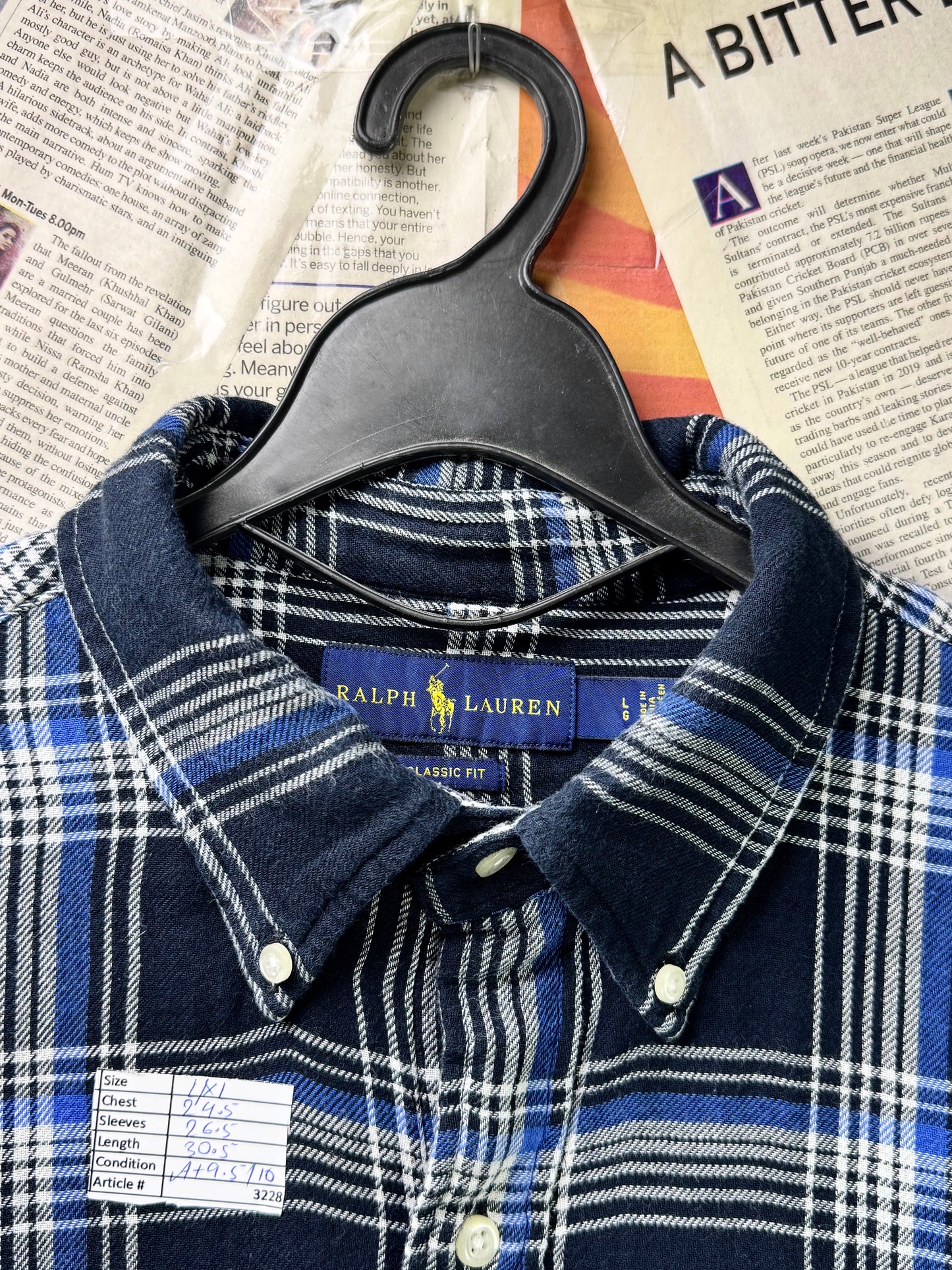 Ralph Lauren® Large | Chest 24.5 | Midnight Blue Plaid Check in Flannel Fabric | Shirt | Cotton | 3228