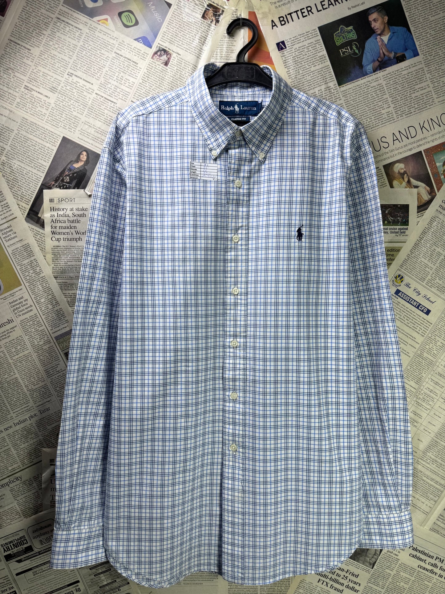 Ralph Lauren® XL | Chest 25" | Blue & White Tattersall check | Shirt | Cotton | 3207