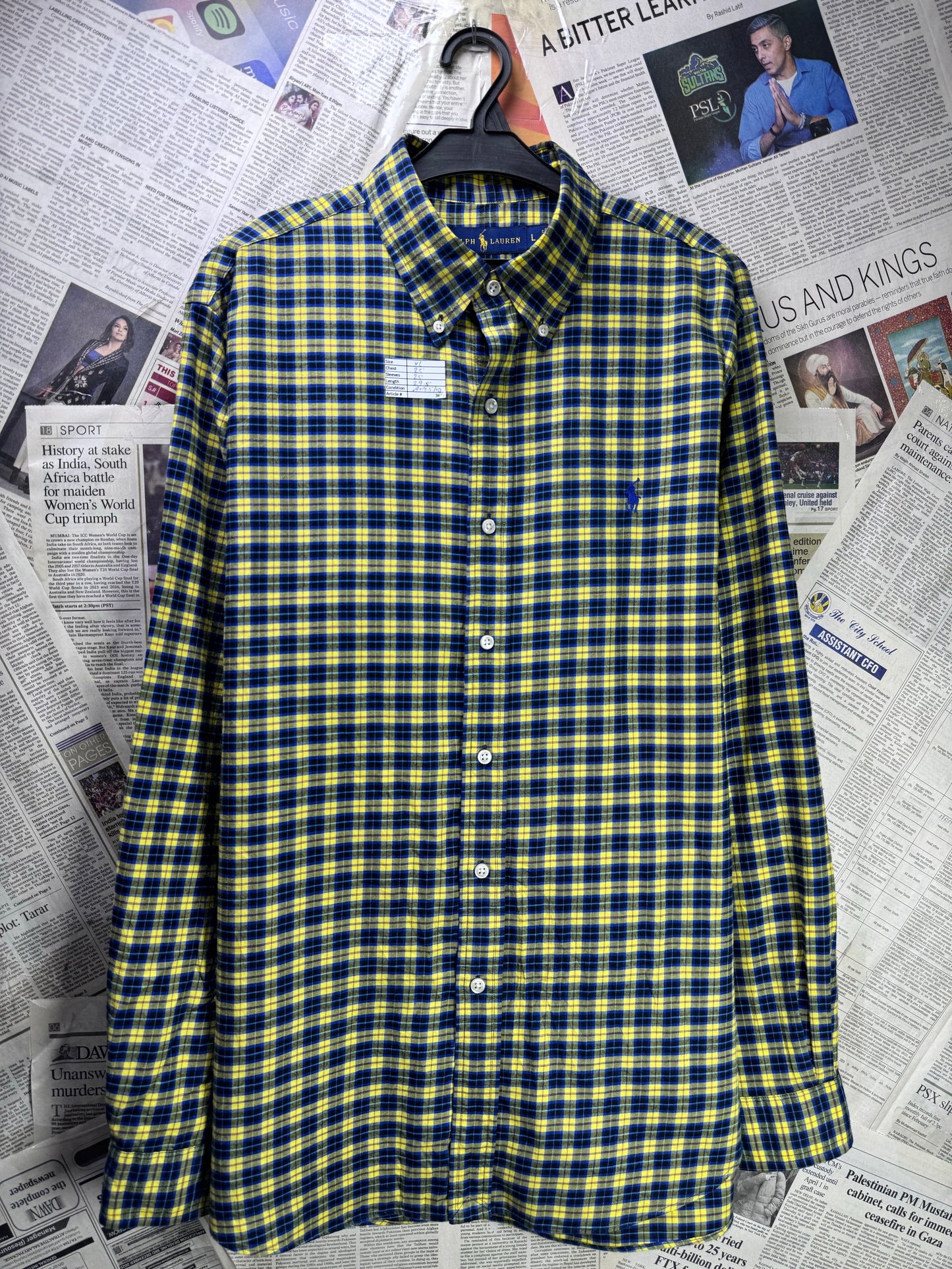 Ralph Lauren® XL | Chest 25" | Dark Blue & Yellow Check | Shirt | Cotton | 3672