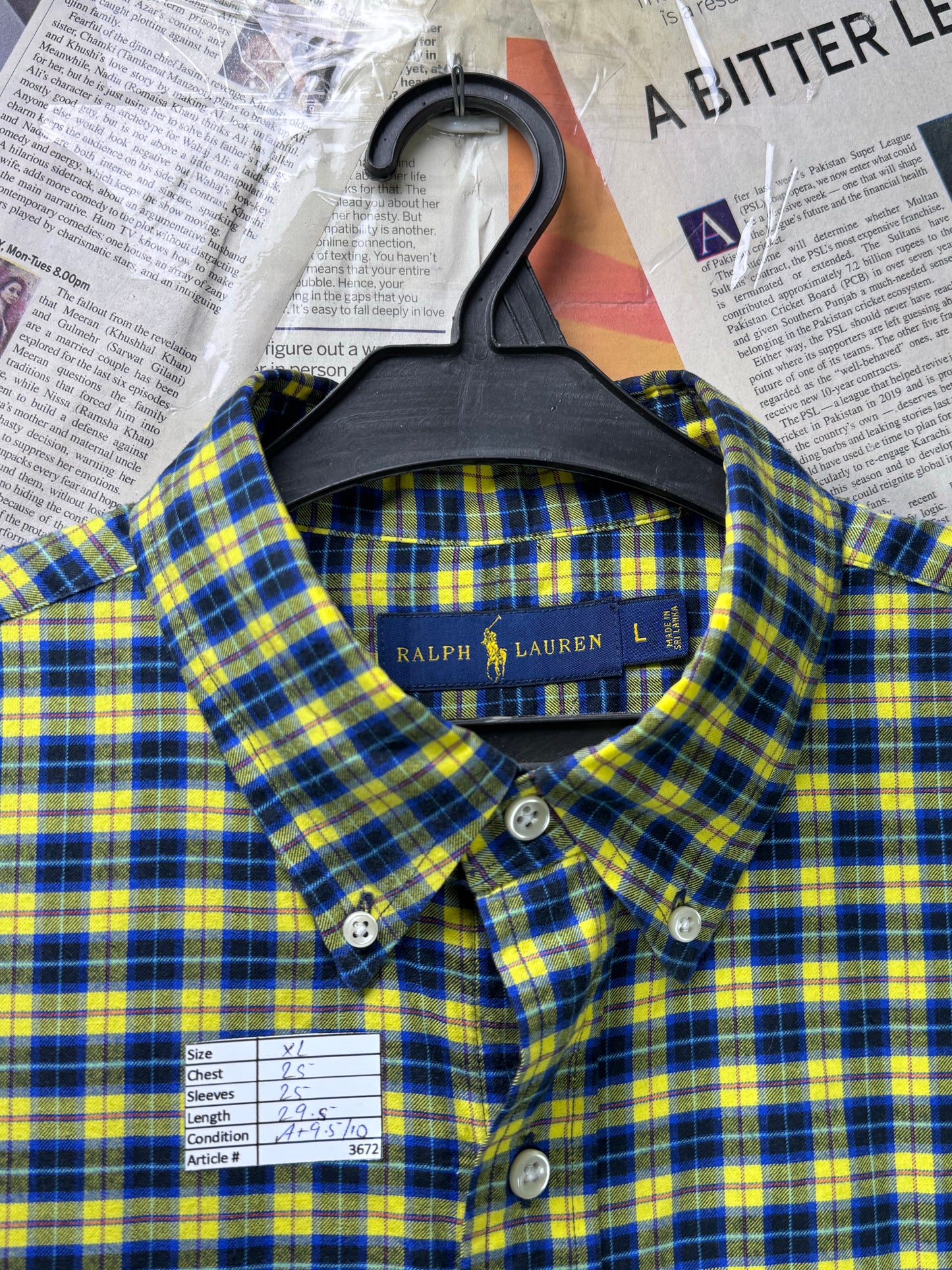 Ralph Lauren® XL | Chest 25" | Dark Blue & Yellow Check | Shirt | Cotton | 3672