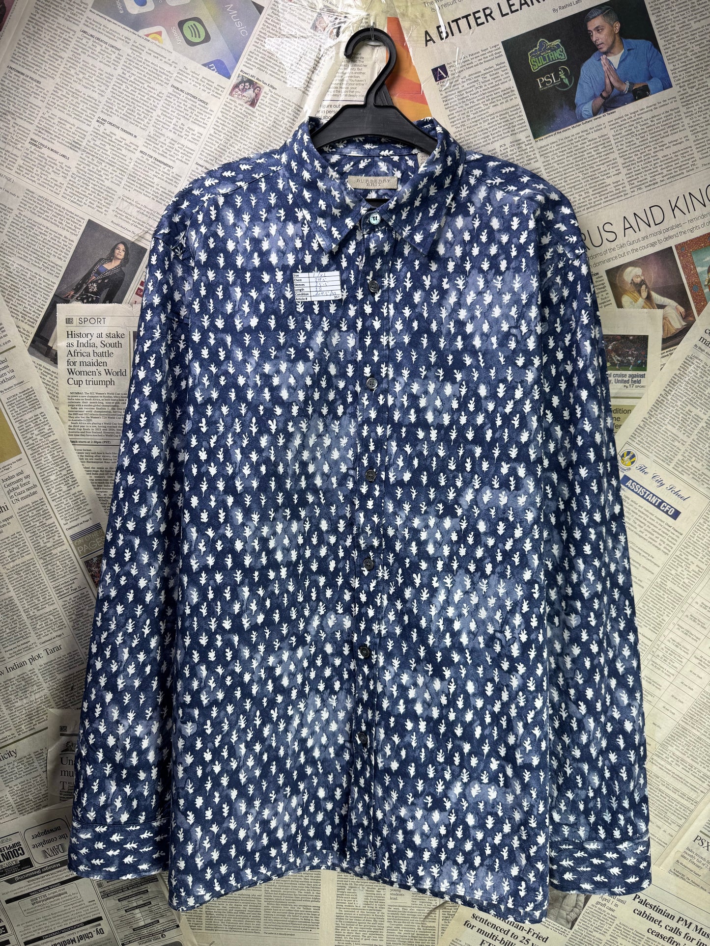 Burberry® L/XL | Chest 24.5 | Space Blue with white clouds | Shirt | Cotton | 3520