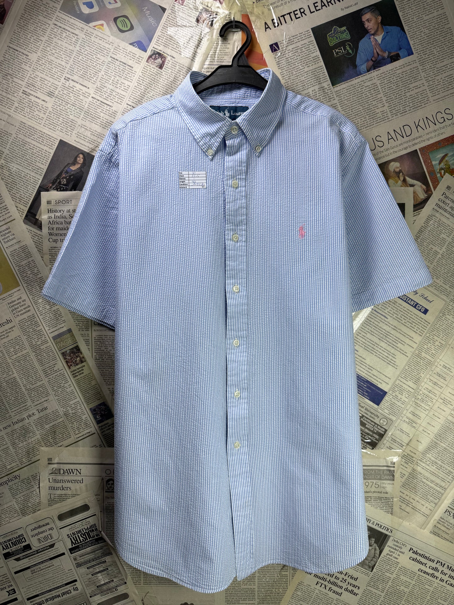 Ralph Lauren® XL | Chest 25.5" | Blue & White Stripe | Seersucker Fabric Shirt | Cotton | 3505