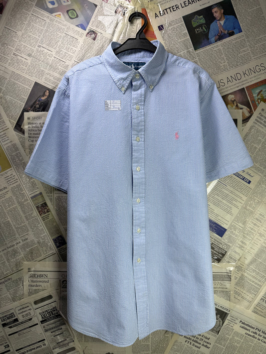 Ralph Lauren® XL | Chest 25.5" | Blue & White Stripe | Seersucker Fabric Shirt | Cotton | 3505