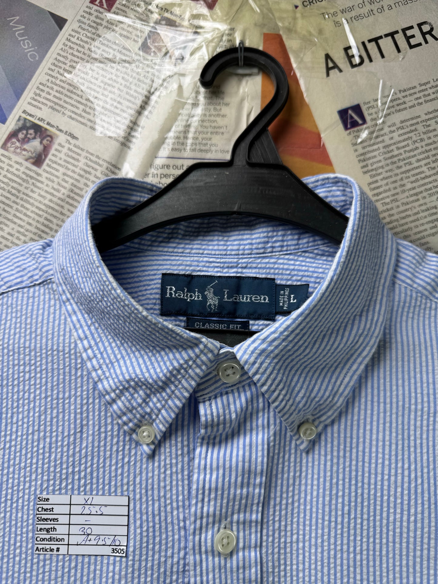 Ralph Lauren® XL | Chest 25.5" | Blue & White Stripe | Seersucker Fabric Shirt | Cotton | 3505