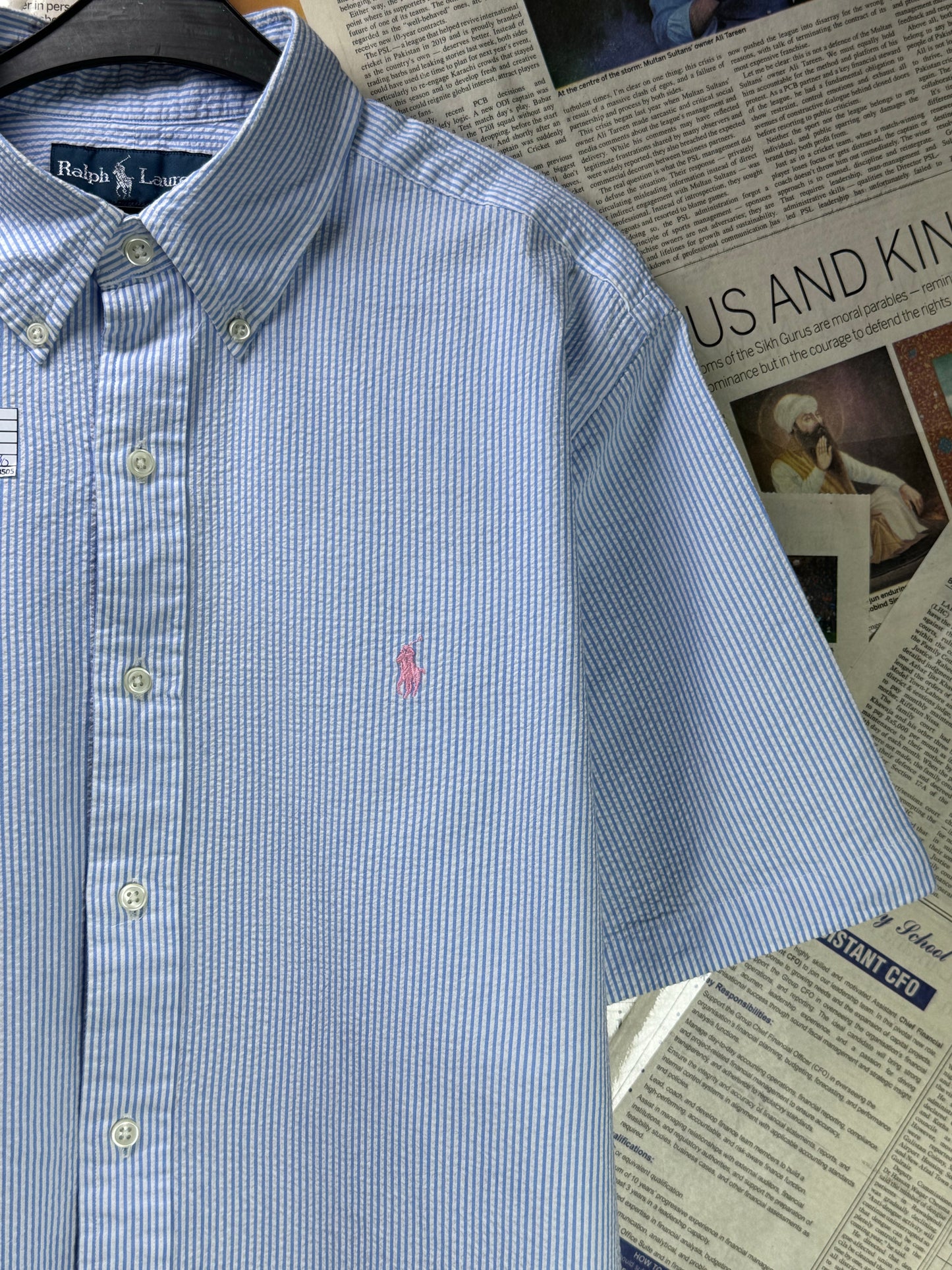 Ralph Lauren® XL | Chest 25.5" | Blue & White Stripe | Seersucker Fabric Shirt | Cotton | 3505