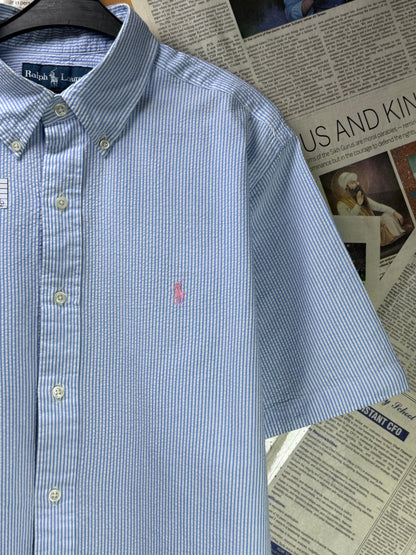 Ralph Lauren® XL | Chest 25.5" | Blue & White Stripe | Seersucker Fabric Shirt | Cotton | 3505