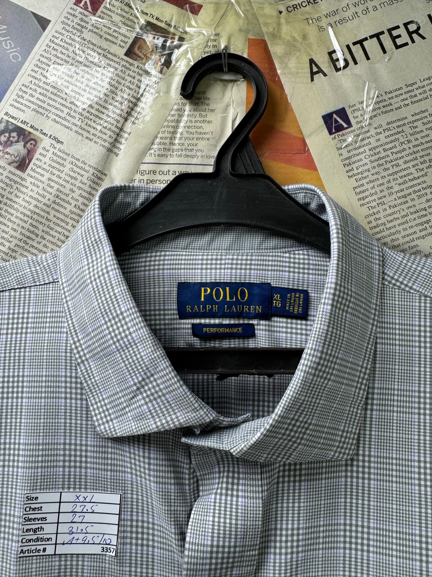 Ralph Lauren® XXL | Chest 27.5" | Grey Prince of Whales Check | Performance Shirt | Nylon-Elastane | 3357