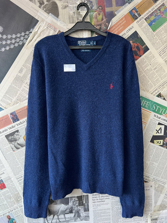 Ralph Lauren® Large | Chest 23 | Blue | V-Neck Sweater | 100% Wool of Italian Yarn | 522