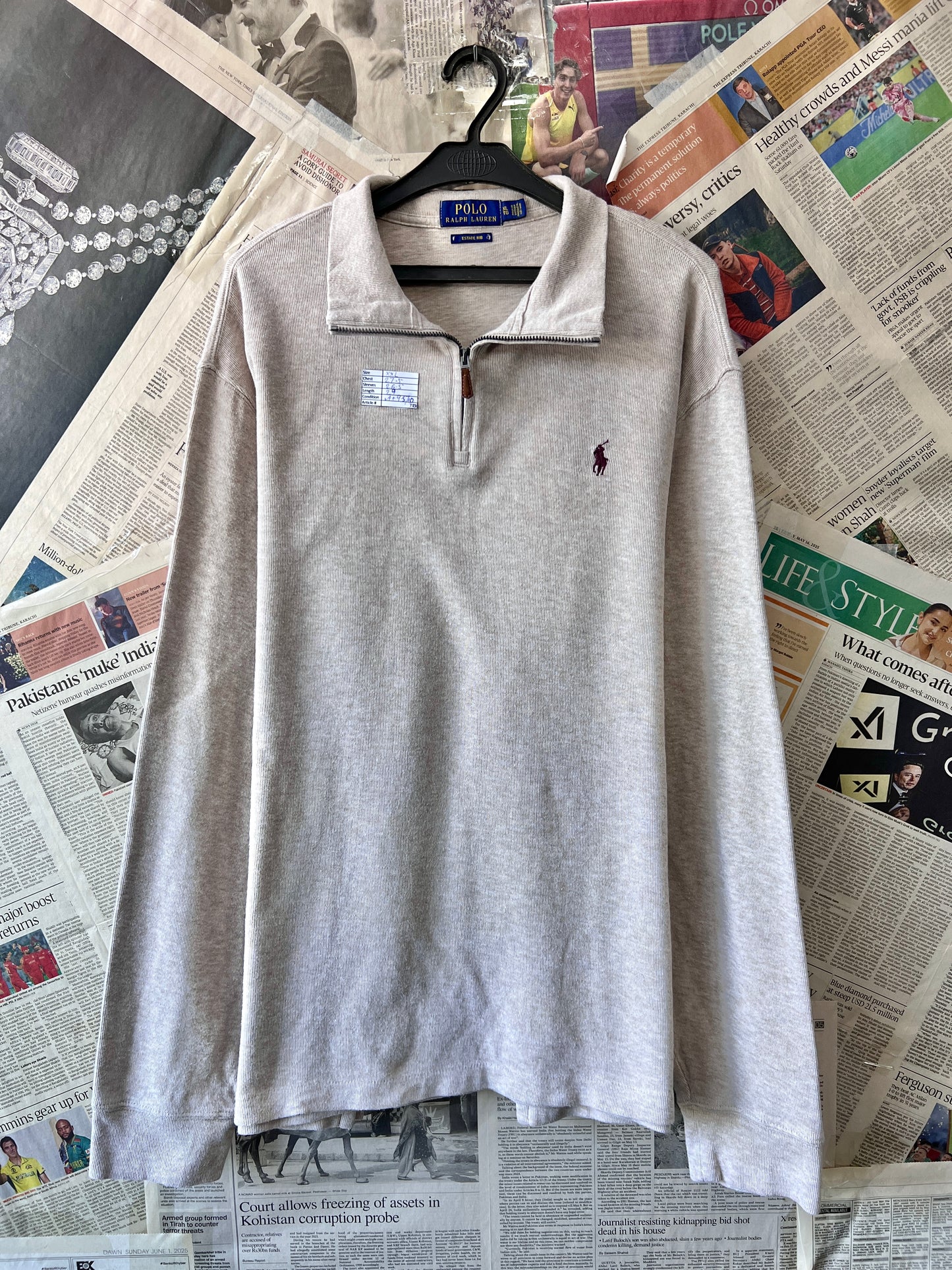 Ralph Lauren® XXL | Chest 27.5 | Light Beige | Quarter Zip Sweater | Cotton | 739