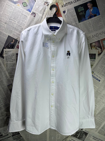 Ralph Lauren® Medium | Chest 21.5" | White with Bear Embroidery | Oxford Shirt | Cotton | 4138