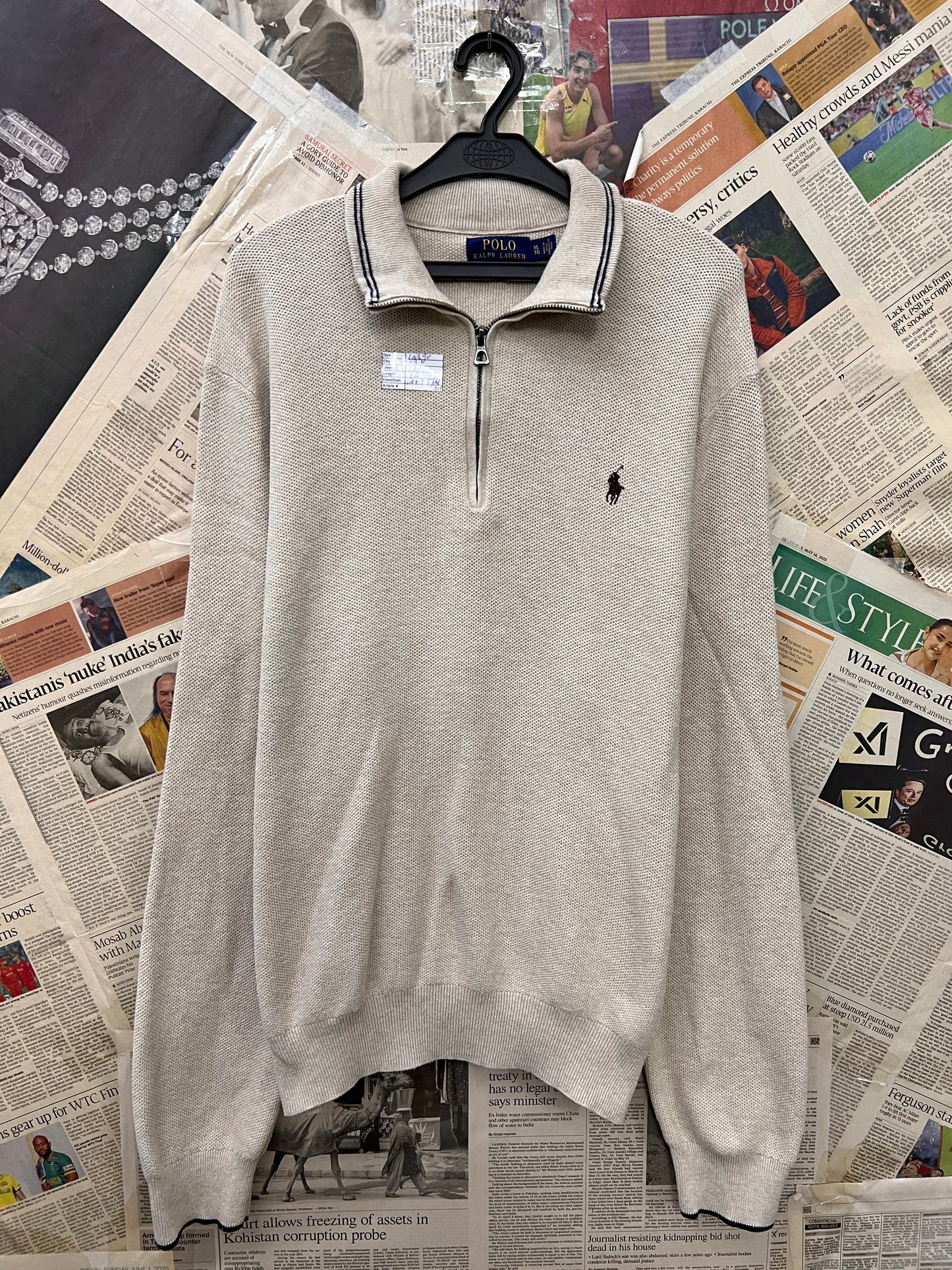 Ralph Lauren® Large | Chest 23 | Beige | Quarter Zip Sweater | Cotton | 721