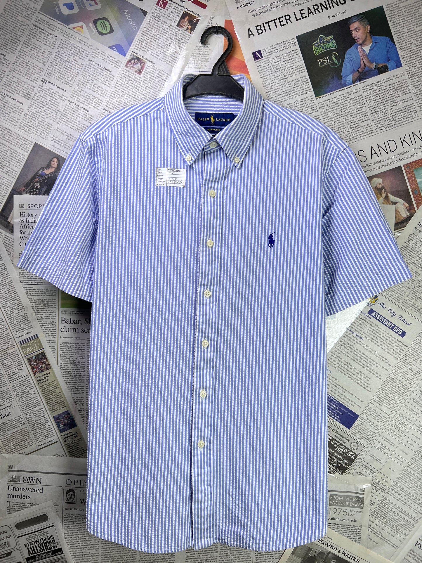 Ralph Lauren® Medium | Chest 22 | Blue Striped in Seersucker | Shirt | Cotton | 2285