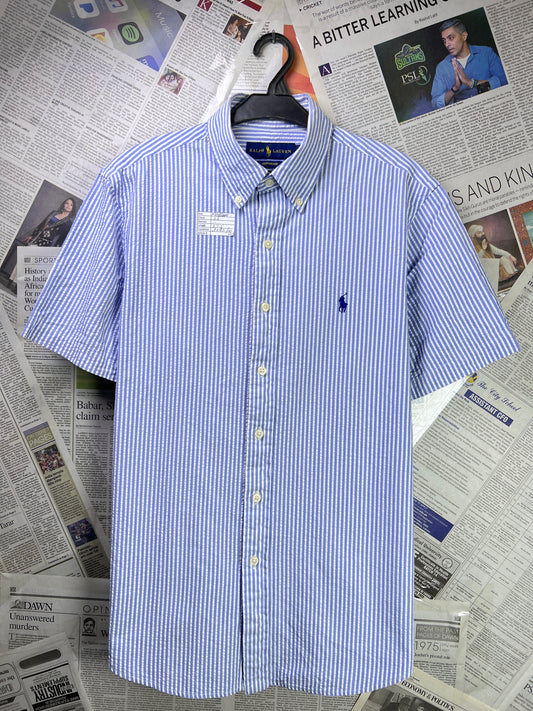 Ralph Lauren® Medium | Chest 22 | Blue Striped in Seersucker | Shirt | Cotton | 2285