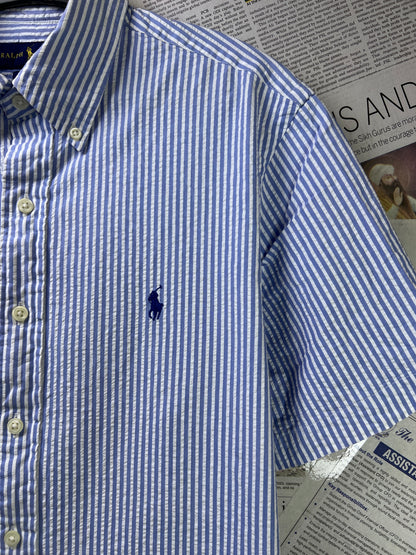 Ralph Lauren® Medium | Chest 22 | Blue Striped in Seersucker | Shirt | Cotton | 2285