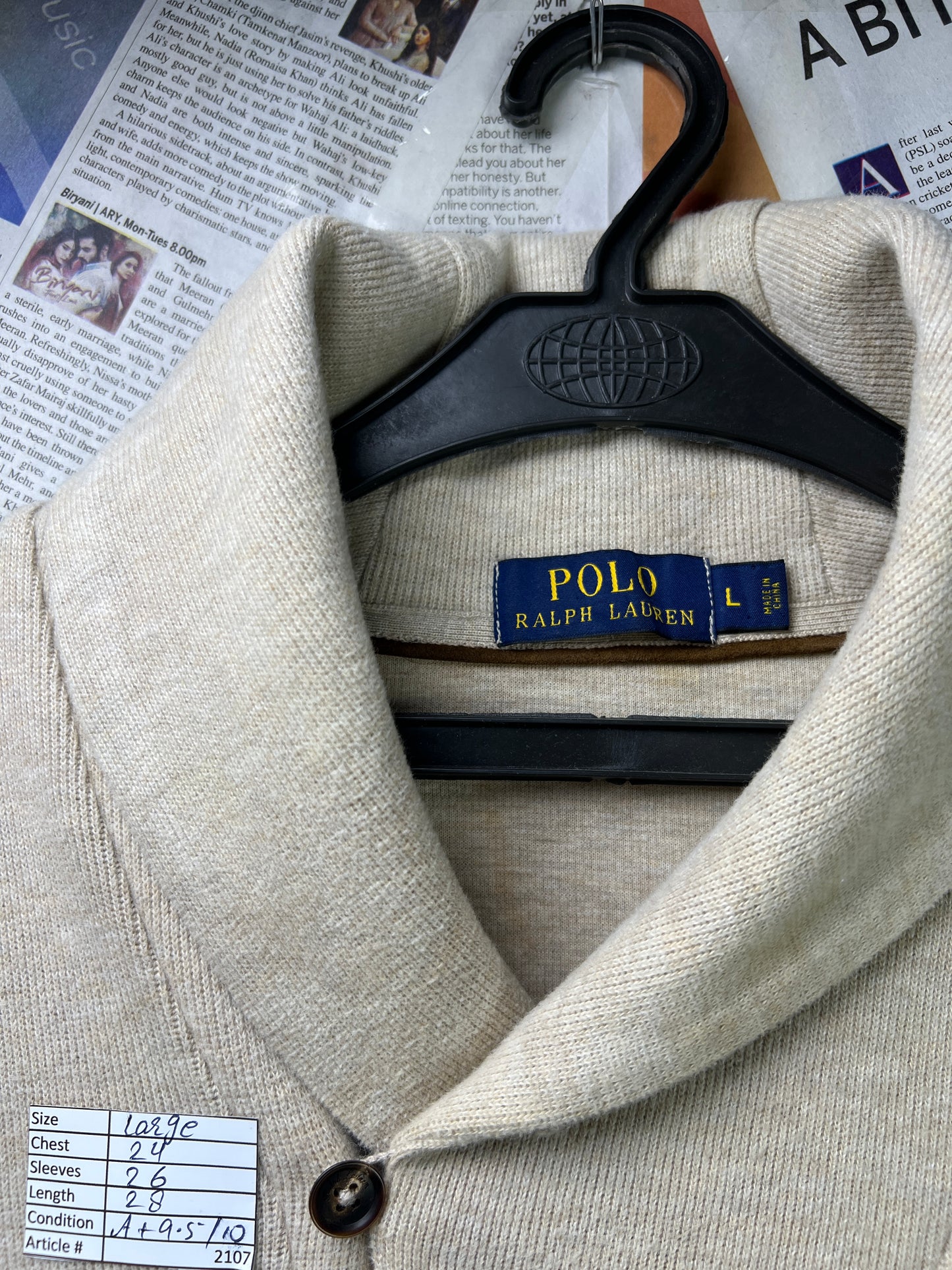 Ralph Lauren® Large | Chest 24 | Beige | Shawl-Collar Sweater | Cotton | 2107
