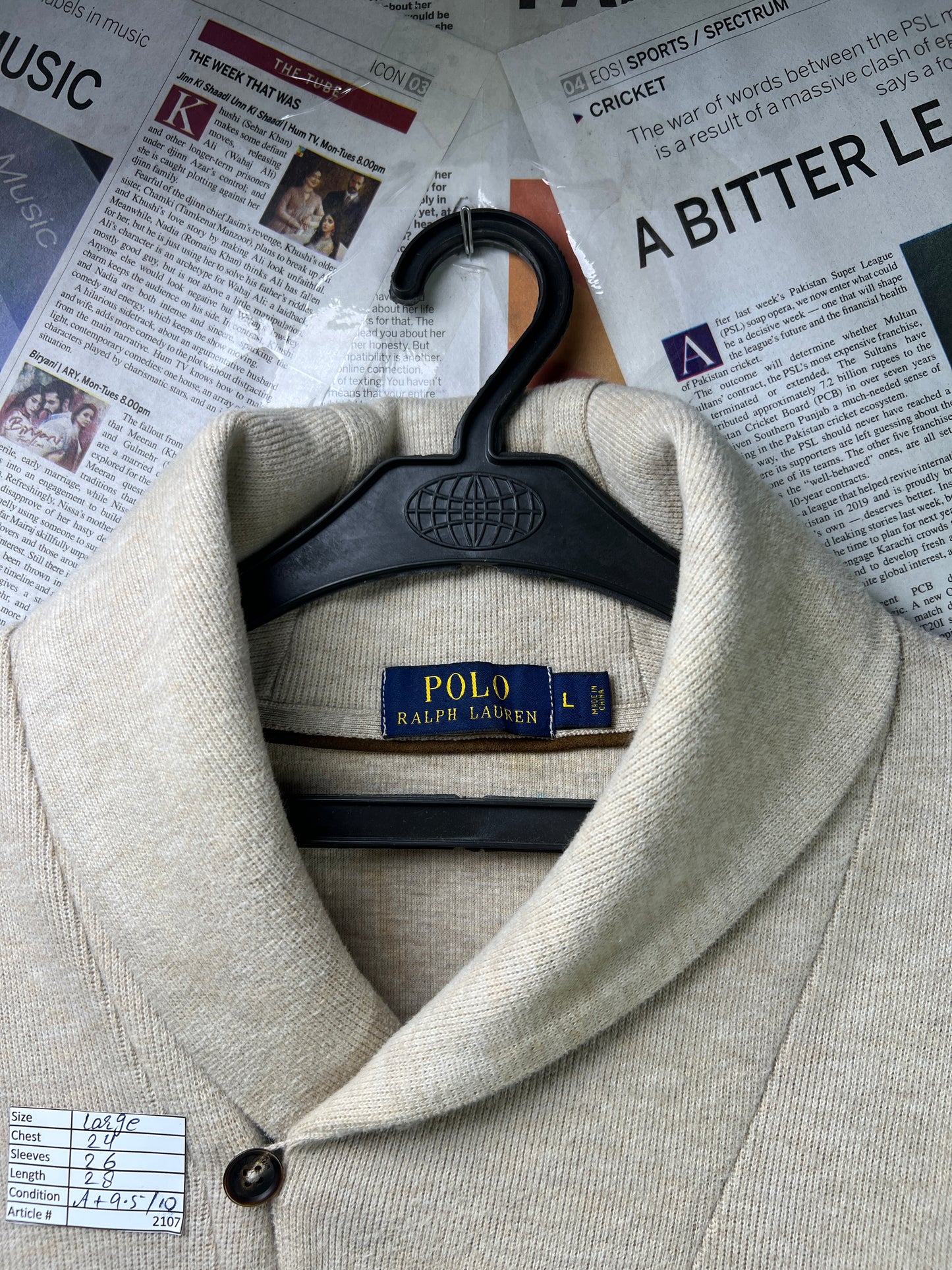 Ralph Lauren® Large | Chest 24 | Beige | Shawl-Collar Sweater | Cotton | 2107