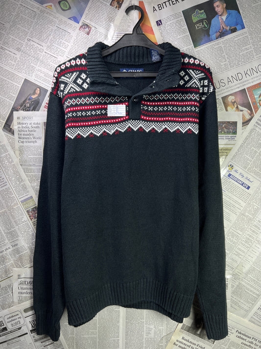 CHAPS by RL® Large | Chest 24 | Black with Nordic Pattern | Quarter Zip Sweater | Cotton Blend | 1926