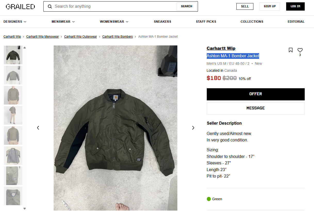 Carhartt® Small | Chest 21 | Army Green | Ashton MA-1 Bomber Jacket | Vintage | 783